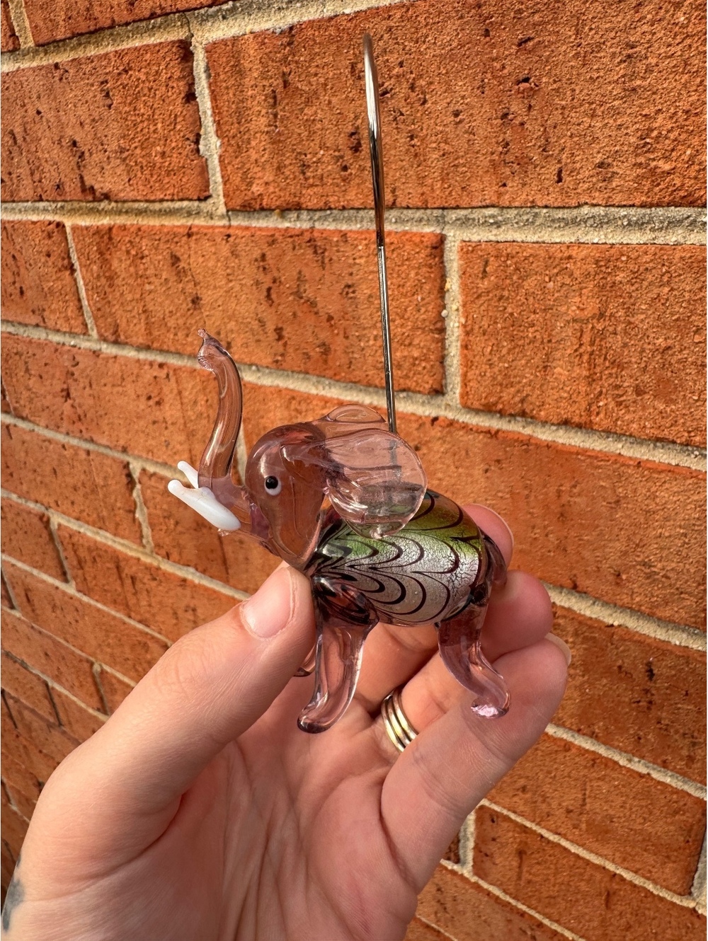 Handcrafted Glass Elephant Figurine with Spiral Photo Holder